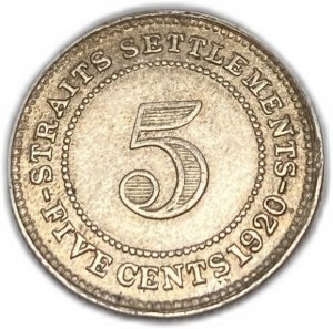 Straits Settlements, 5 Cents, 1920 Extrêmement rare