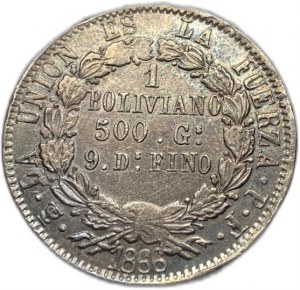 Bolivia, 1 Boliviano, 1866 PF/FP,Raro, AUNC