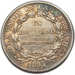 Bolívie, 1 bolivijské platidlo, 1893 PTS CB, extrémně vzácné, AUNC-UNC