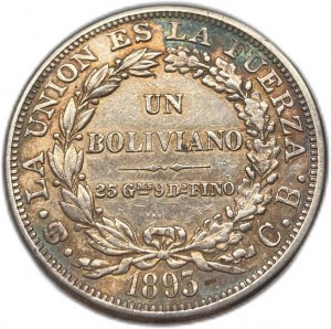 Bolívie, 1 bolivijské platidlo, 1893 PTS CB, extrémně vzácné, AUNC-UNC