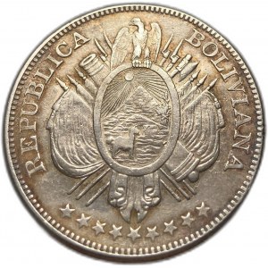 Bolívie, 1 bolivijské platidlo, 1893 PTS CB, extrémně vzácné, AUNC-UNC