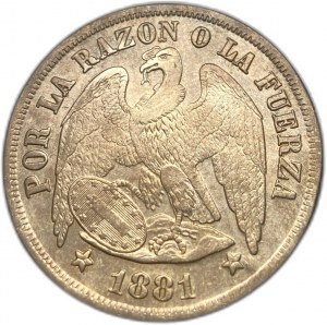 Chile, 1 peso, 1881, vzácná mincovní chyba Obv/Rev ⇈
