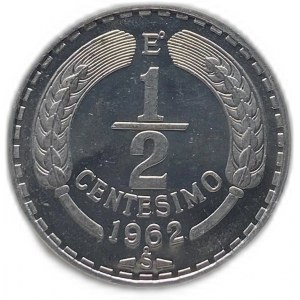 Čile, 1/2 Centesimo 1962, vzácny PROOF