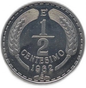 Čile, 1/2 Centesimo 1962, vzácny PROOF