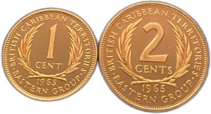 Wschodnie Karaiby, 2 centy i 1 cent, 1965 r.