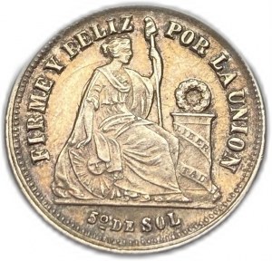 Peru, 1/5 Sol 1874 YJ, UNC Nice Toning