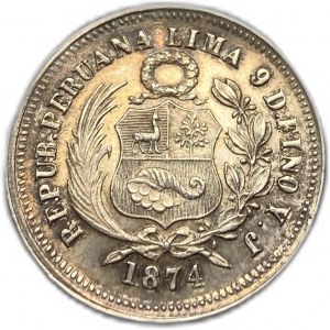 Peru, 1/5 Sol 1874 YJ, UNC Nice Toning