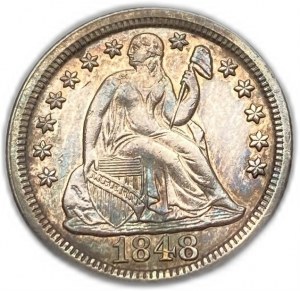 Stany Zjednoczone, 10 centów (dziesięciocentówka) 1848, UNC, ładne wybarwienie