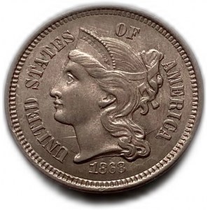 États-Unis, 3 Cents 1868, UNC Full Mint Luster