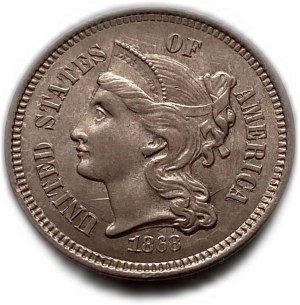 United States, 3 Cents 1868, UNC Full Mint Luster