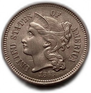 Stati Uniti, 3 centesimi 1868, UNC Pieno Lustro di Zecca