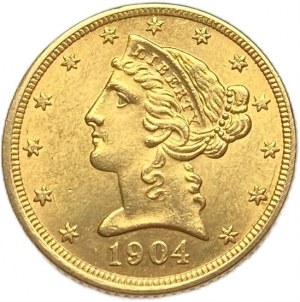 Spojené státy americké, 5 dolarů 1904 S, UNC mincovní lesk
