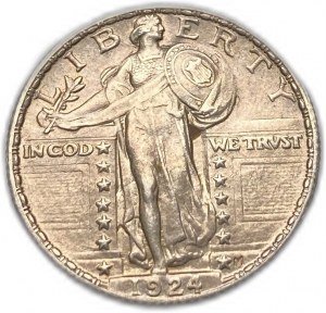 Spojené státy americké, 25 centů ( čtvrtka) 1924, AUNC mincovní lesk zachován