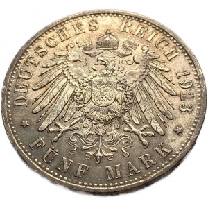 Německo 5 Mark 1913 A, Prusko, Wilhelm II, AUNC-UNC