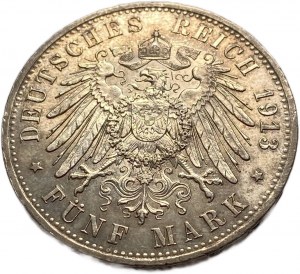 Německo 5 Mark 1913 A, Prusko, Wilhelm II, AUNC-UNC