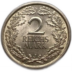 Allemagne 2 Mark (Reichsmark) 1925 J, République de Weimar, UNC Beau Toning