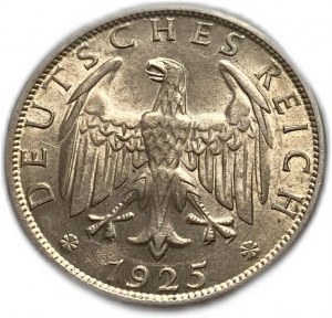Deutschland 2 Mark (Reichsmark) 1925 J, Weimarer Republik, UNC Schöne Tönung