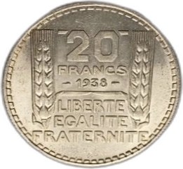Francja 20 franków 1938, UNC Toning