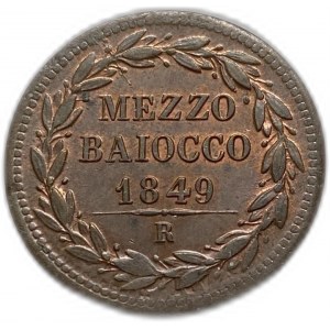 Italy, Mezzo 1/2 Baiocco 1849 R,Papal Staits Pius IX, UNC Lustors
