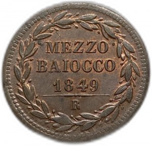 Italie, Mezzo 1/2 Baiocco 1849 R, Statuts Papaux Pie IX, UNC Lustors
