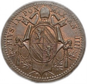 Italia, Mezzo 1/2 Baiocco 1849 R, Stadi Pontifici Pio IX, UNC Lustri