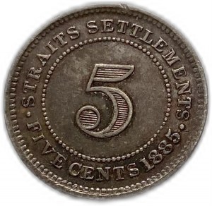 Straits Settlements 5 Cents 1885, Victoria Key Date, XF