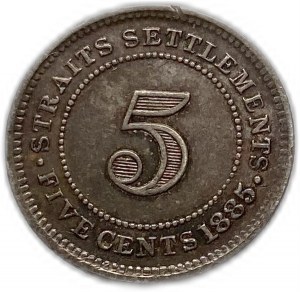 Straits Settlements 5 centů 1885, Victoria Key Date, XF