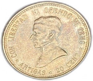 Uruguaj, 20 centesimos 1920, mincovňa Santiago, tónovanie AUNC-UNC