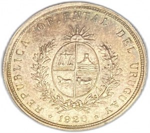 Uruguay, 20 centesimos 1920, mincovna Santiago, tónování AUNC-UNC