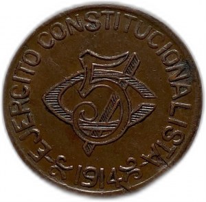 Mexico Revolutionary, Chihuahua 5 Centavos 1914, AUNC