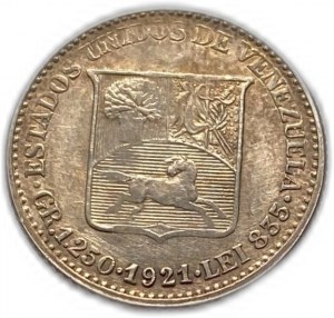 Venezuela, 25 centimos 1921, UNC toning