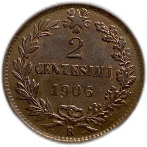 Taliansko, 2 Centesimos 1906 R , Vittorio Emanuele III, UNC