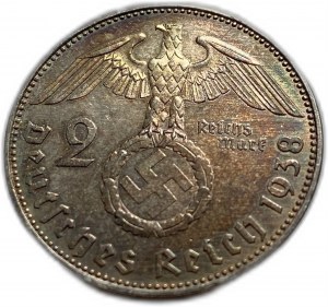 Nemecko, 2 ríšske marky 1938 E, UNC tónovanie