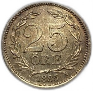 Szwecja, 25 ore 1885 EB, Oscar II, UNC Toning