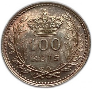 Portugalsko 100 reis 1910, Manuel II, striebro, UNC tónovanie