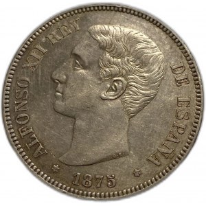 Španielsko, 5 pesiet, 1875 DEM (18-75), ALfonso XII , striebro, KM# 671, XF