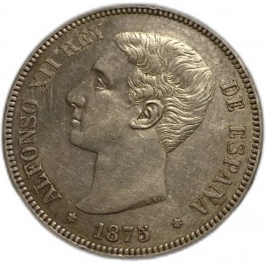 Hiszpania, 5 peset, 1875 DEM (18-75), ALfonso XII, srebro, KM# 671, XF