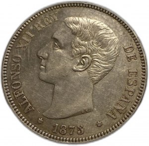 Spanien, 5 Peseten, 1875 DEM (18-75), ALfonso XII , Silber, KM# 671, XF