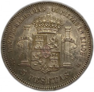 Spagna, 5 Pesetas, 1875 DEM (18-75), ALfonso XII , Argento, KM# 671, XF