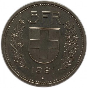 Szwajcaria, 5 franków 1991 B, PROOF Rzadkie