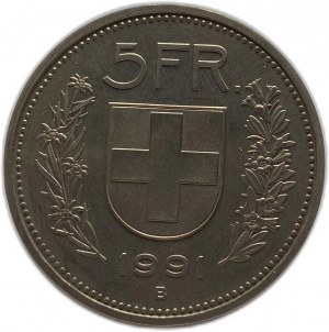 Schweiz, 5 Francs 1991 B, PROOF Selten