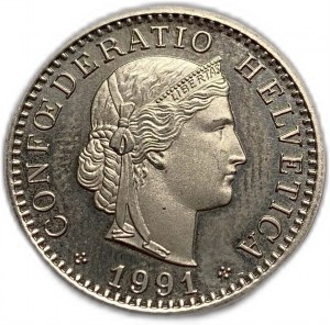 Schweiz, 20 Rappen 1991 B, Kupfer-Nickel, PROOF