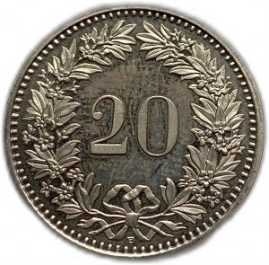 Švýcarsko, 20 Rappen 1991 B, měď-nikl, PROOF