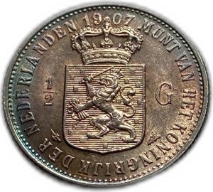 Netherlands, 1/2 Gulden 1907, Wilhelmina I, AUNC-UNC Toning