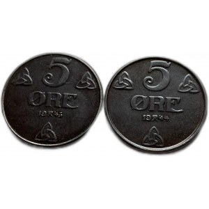 Norsko, 5 Ore 1943 a 5 Ore 1944 ( dvě mince), AUNC