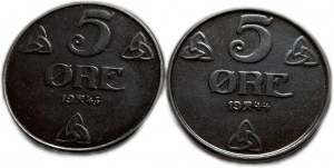 Norway, 5 Ore 1943 and 5 Ore 1944 ( Two Coins), AUNC