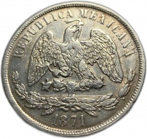 Mexique, 1 Peso, 1871 Mo M, Argent, KM# 408.5, XF-AUNC Tonalité