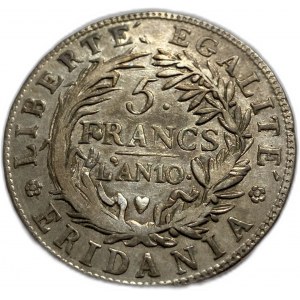 Italy Piedmont Republic, 5 Francs, 1802, XF