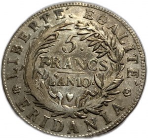 Włochy, Republika Piemontu, 5 franków, 1802, XF