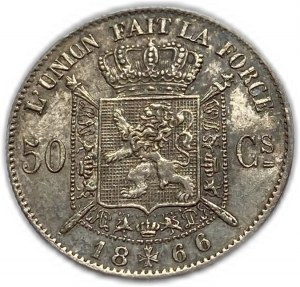 Belgia, Leopold II, 50 centymów 1866, stan UNC